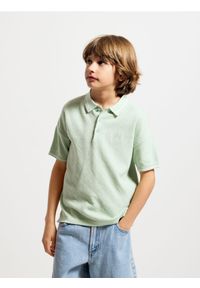 Reserved - Sweter polo - jasnozielony. Typ kołnierza: polo. Kolor: zielony. Materiał: bawełna, dzianina