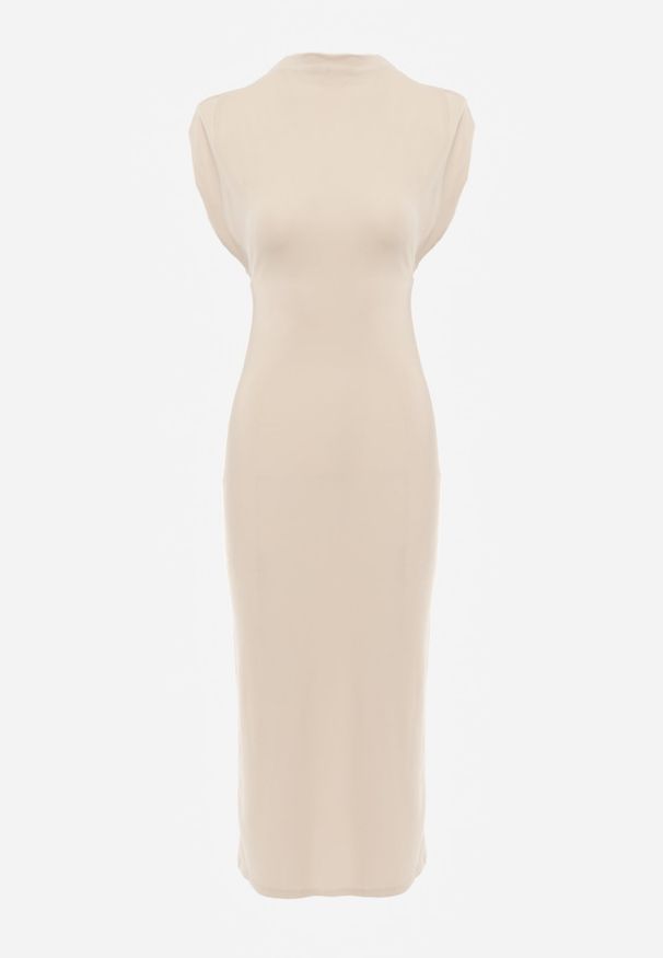 Renee - Jasnobeżowa Taliowana Sukienka z Rozcięciem i Poduszkami na Ramionach Melloretta. Okazja: na spotkanie biznesowe. Typ kołnierza: dekolt w kształcie V. Kolor: beżowy. Styl: biznesowy, klasyczny