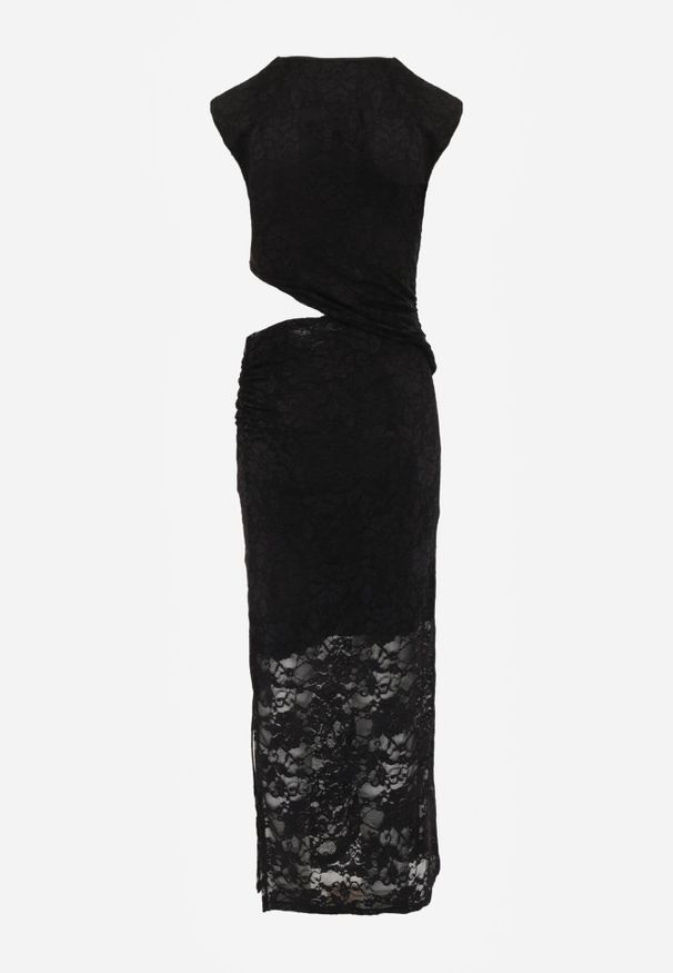 Born2be - Czarna Koronkowa Sukienka Koktajlowa z Asymetrycznym Wycięciem w Talii Maniassi. Okazja: na randkę, na wesele, na ślub cywilny, na imprezę. Kolor: czarny. Materiał: koronka. Typ sukienki: asymetryczne. Styl: wizytowy