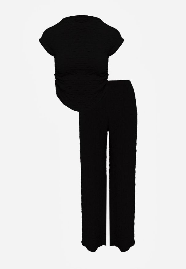 Born2be - Czarny Gładki Komplet Szerokie Spodnie i Marszczona Bluzka ze Stójką Merithie. Kolor: czarny. Materiał: materiał. Wzór: gładki