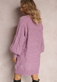 Renee - Ciemnofioletowy Długi Sweter Oversize z Wypukłym Splotem All Over Somet. Kolor: fioletowy. Długość: długie. Wzór: ze splotem. Styl: elegancki