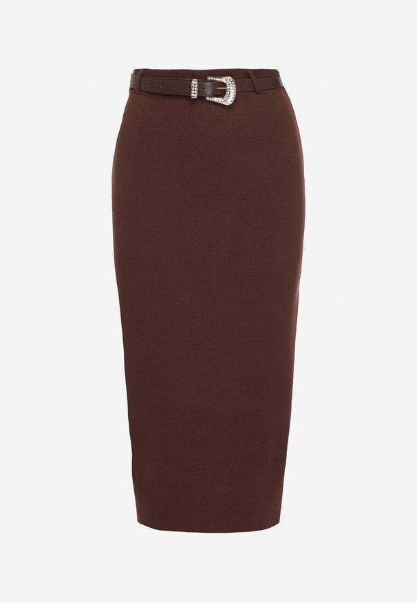 Born2be - Brązowa Ołówkowa Spódnica z Wiskozą Zdobiona Rozcięciem i Paskiem Rowedela. Okazja: na co dzień. Kolor: brązowy. Materiał: wiskoza. Wzór: aplikacja. Styl: casual, elegancki