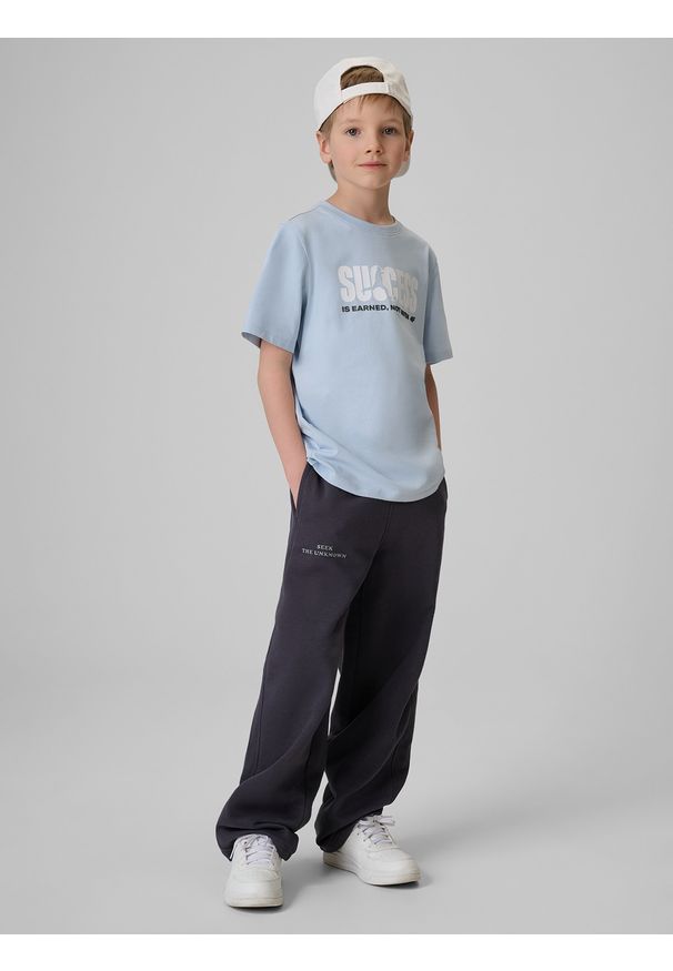 4f - 4F T-shirt regular z nadrukiem chłopięcy - niebieski 140 (9-10 lat). Okazja: na spacer, na co dzień, na uczelnię. Kolor: niebieski. Materiał: dzianina, materiał, dresówka, bawełna, skóra, jeans. Wzór: nadruk. Sezon: lato. Styl: casual, sportowy