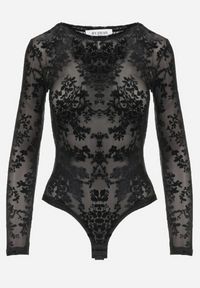 Born2be - Czarne Body z Welurowym Wzorem w Kwiaty Zevira. Okazja: na co dzień. Kolor: czarny. Materiał: welur. Długość rękawa: długi rękaw. Długość: długie. Wzór: kwiaty. Styl: casual #4