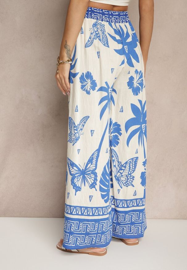Renee - Niebieskie Szerokie Spodnie z Gumką w Pasie w Stylu Boho Evirami. Kolor: niebieski. Sezon: lato. Styl: boho