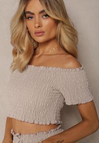 Renee - Beżowy Komplet Top Hiszpanka i Spódnico-Spodenki z Falbanami oraz Gumką Rinaria. Kolor: beżowy. Materiał: jeans #5