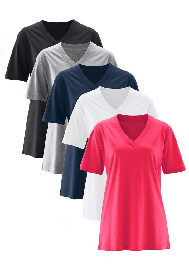 Długi shirt z dekoltem w szpic (5 sztuk), krótki rękaw bonprix różowy hibiskus + jasnoszary melanż + biały + czarny + ciemnoniebieski. Kolor: czarny. Długość rękawa: krótki rękaw. Długość: krótkie. Wzór: melanż