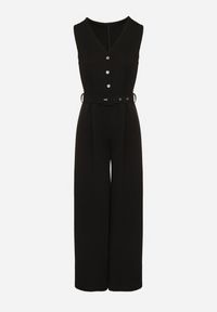 Born2be - Czarny Taliowany Kombinezon z Wiskozą Ozdobiony Paskiem Ralinelle. Okazja: na imprezę. Kolor: czarny. Materiał: wiskoza. Wzór: aplikacja. Styl: elegancki, klasyczny #2