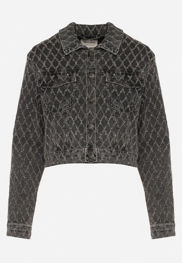 Born2be - Szara Bawełniana Kurtka Jeansowa z Geometrycznym Wzorem Arivale. Okazja: na co dzień. Kolor: szary. Materiał: bawełna, jeans. Wzór: geometria. Styl: klasyczny, casual, elegancki