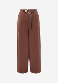 Born2be - Brązowe Szerokie Spodnie z Wysokim Stanem z Domieszką Bawełny i Geometryczną Klamrą Syliteia. Okazja: na co dzień. Stan: podwyższony. Kolor: brązowy. Materiał: bawełna. Wzór: geometria. Styl: casual #6