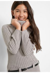 bonprix - Sukienka dzianinowa z paskiem (2 części). Typ kołnierza: golf. Kolor: szary. Materiał: dzianina. Styl: elegancki #2