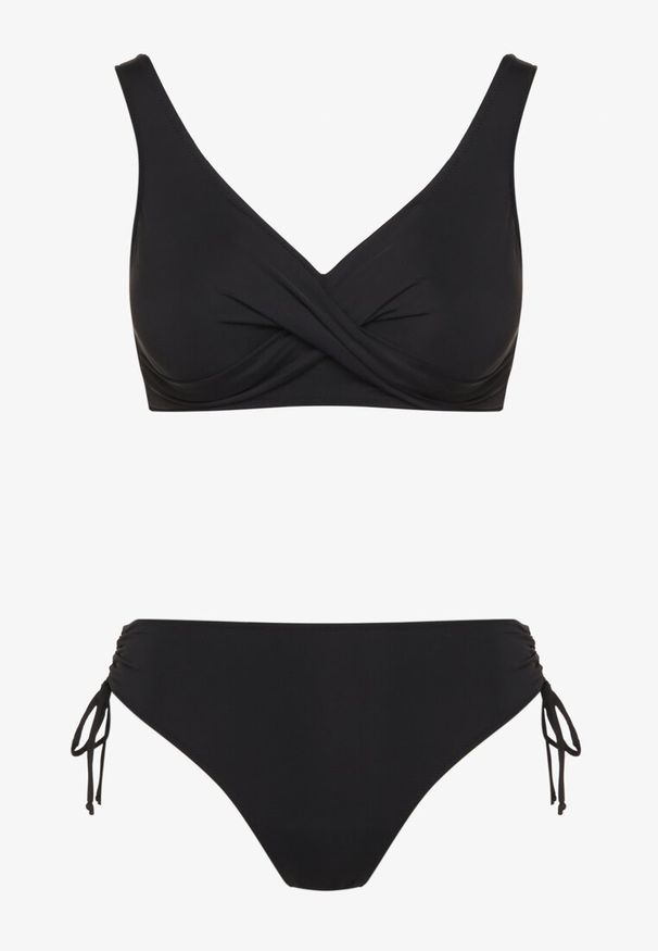 Born2be - Czarne Bikini Majtki Typu Figi i Biustonosz z Ozdobnym Wiązaniem Kinnavia. Kolor: czarny