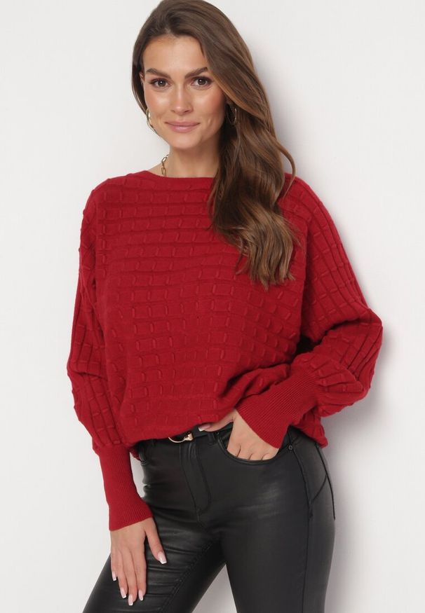 Born2be - Bordowy Klasyczny Sweter z Rękawami Nietoperza Steresa. Kolor: czerwony. Długość rękawa: długi rękaw. Długość: długie. Styl: klasyczny