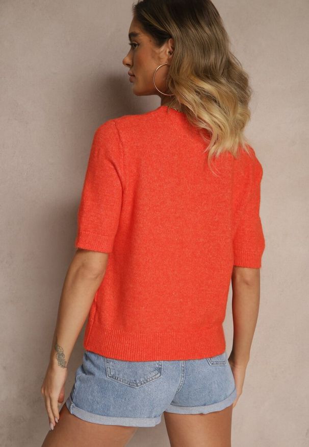 Renee - Pomarańczowy Sweter z Wełną Krótkim Rękawem Ozdobiony Ściągaczami Emiralin. Okazja: na co dzień. Kolor: pomarańczowy. Materiał: wełna. Długość rękawa: krótki rękaw. Długość: krótkie. Wzór: aplikacja. Styl: casual