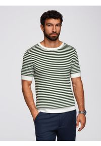 Ombre Clothing - Męski dzianinowy t-shirt w marynarskie paski z ażurowym splotem – oliwkowo-biały V3 - Rozmiar: L. Okazja: na spacer. Kolor: oliwkowy. Materiał: dzianina. Długość: krótkie. Wzór: ze splotem, ażurowy, paski. Sezon: lato. Styl: elegancki