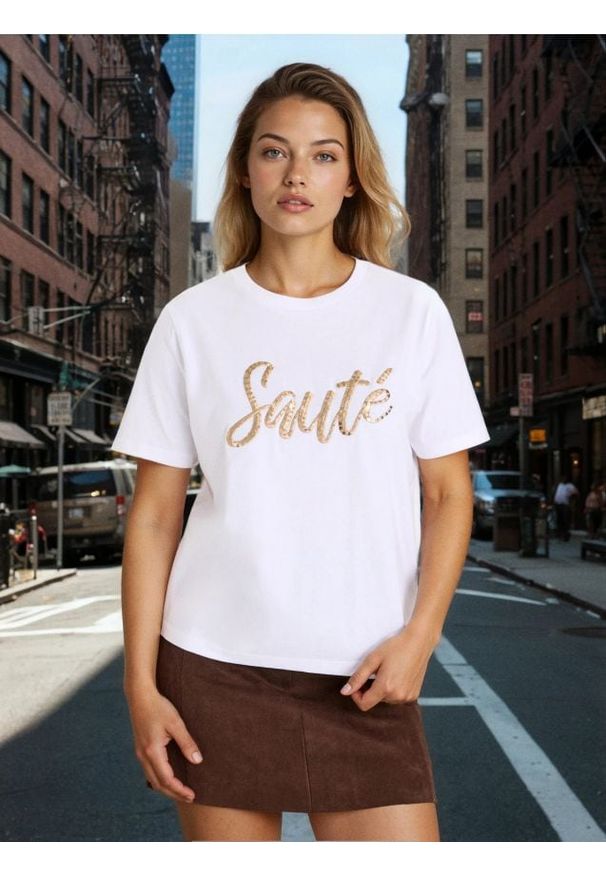 Sinsay - Bawełniana koszulka z połyskującymi aplikacjami - biały. Kolor: biały. Materiał: bawełna. Wzór: aplikacja