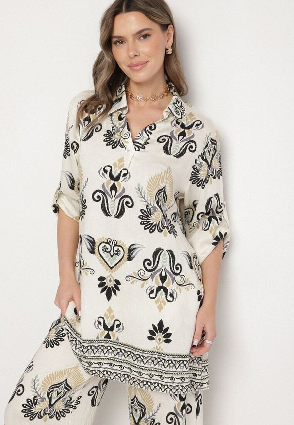 Born2be - Beżowo-Czarny Komplet z Wiskozą Bluzka i Szerokie Spodnie Rinelissa. Kolor: beżowy. Materiał: wiskoza