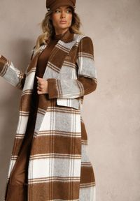 Renee - Brązowy Niezapinany Płaszcz w Kratkę z Kieszeniami z Klapą Fiboila. Okazja: na co dzień. Kolor: brązowy. Materiał: jeans. Wzór: kratka. Styl: elegancki, casual #4