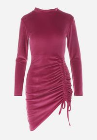 Born2be - Fuksjowa Welurowa Sukienka z Troczkiem na Dole Cherla. Kolor: różowy. Materiał: welur. Długość rękawa: długi rękaw. Typ sukienki: asymetryczne. Długość: mini #5