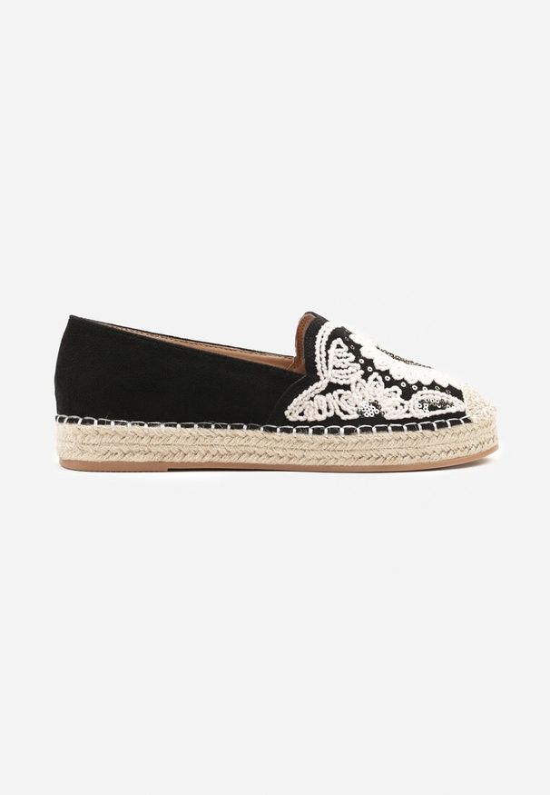 Renee - Czarne Espadryle Ozdobione Haftem i Cekinami na Podeszwie z Plecionki Merindoria. Kolor: czarny. Wzór: aplikacja, haft. Sezon: lato. Styl: elegancki