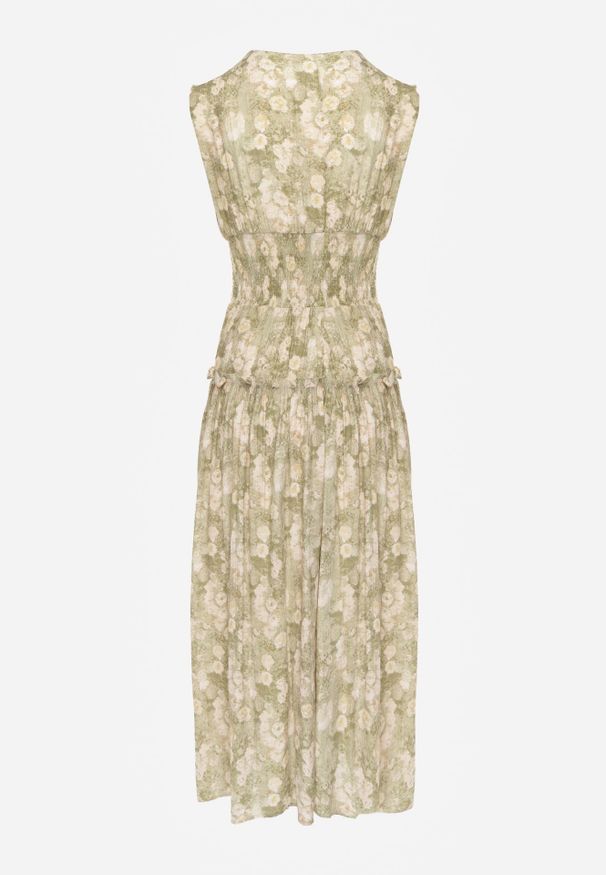 Renee - Zielona Sukienka na Grubych Ramiączkach z Dekoltem w Serek i Gumką w Talii Iletta. Okazja: na co dzień. Typ kołnierza: dekolt w serek. Kolor: zielony. Długość rękawa: na ramiączkach. Typ sukienki: proste. Styl: casual