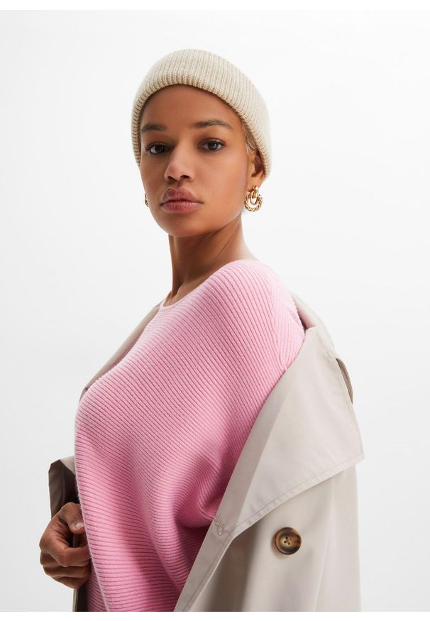 bonprix - Sweter oversize w prążek, z materiału z domieszką wiskozy. Kolor: różowy. Materiał: materiał, wiskoza. Wzór: prążki