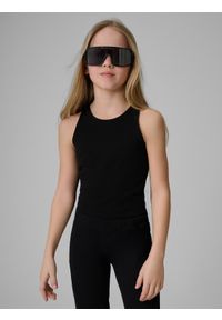 4f - 4F Crop top slim gładki dziewczęcy - czarny 164 (13-14 lat). Okazja: na co dzień. Kolor: czarny. Materiał: dzianina, skóra, materiał, bawełna. Długość: krótkie. Wzór: gładki. Sezon: lato. Styl: casual #1