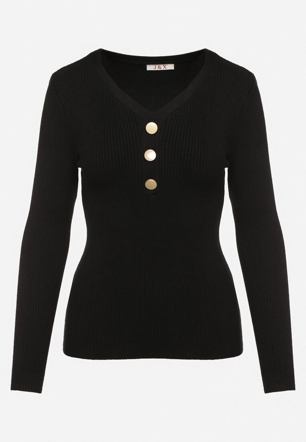 Born2be - Czarny Sweter z Bawełną z Prążkowanego Materiału Ozdobiony Guzikami Zinfera. Kolor: czarny. Materiał: bawełna, materiał, prążkowany. Wzór: aplikacja. Sezon: zima