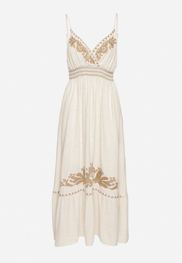 Born2be - Beżowa Kopertowa Sukienka z Lnem Wiskozą i Haftem Miliova. Okazja: na co dzień. Kolor: beżowy. Materiał: wiskoza, len. Długość rękawa: na ramiączkach. Wzór: haft. Sezon: lato. Typ sukienki: kopertowe. Styl: casual