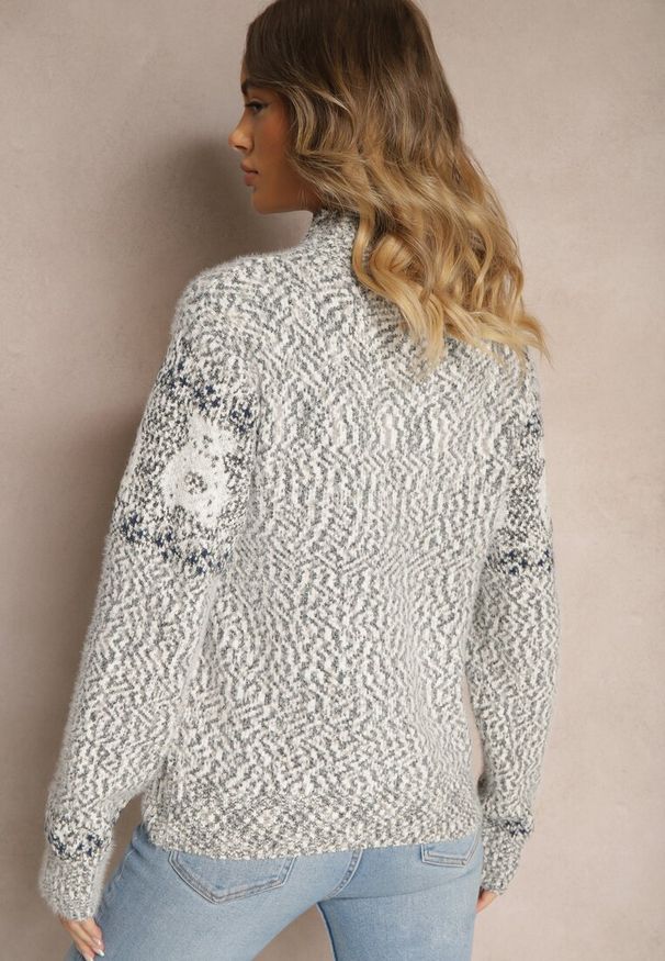 Renee - Ciemnoszary Sweter z Wełną Ozdobiony Misiami i Ściągaczami Selirina. Okazja: na co dzień. Kolor: szary. Materiał: wełna. Wzór: aplikacja. Styl: casual