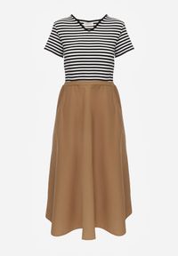 Born2be - Czarno-Beżowa Rozkloszowana Sukienka z Bawełny Imitująca Bluzkę w Paski i Spódnicę Chathusa. Okazja: na co dzień. Kolor: czarny. Materiał: bawełna. Wzór: paski. Sezon: lato. Typ sukienki: rozkloszowane, proste. Styl: casual, klasyczny #7