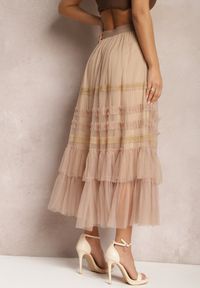 Renee - Beżowa Rozkloszowana Spódnica Maxi z Gumką w Talii i Falbanami z Tiulu Estime. Kolor: beżowy. Materiał: tiul #5