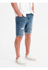 Ombre Clothing - Krótkie męskie spodenki jeansowe z przetarciami i podwiniętą nogawką – niebieskie V2 OM-SRDS-0186 - XXL. Okazja: na co dzień. Kolor: niebieski. Materiał: jeans. Długość: krótkie. Wzór: aplikacja. Sezon: lato. Styl: casual #6