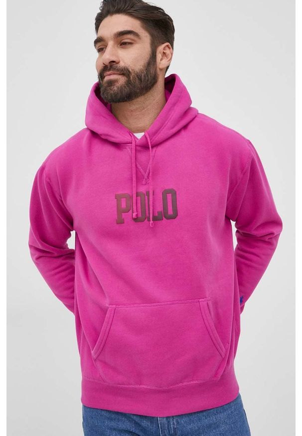 Polo Ralph Lauren bluza 710860402005 męska kolor różowy z kapturem z nadrukiem. Typ kołnierza: kaptur, polo. Kolor: różowy. Materiał: dzianina. Wzór: nadruk