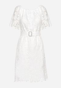 Born2be - Biała Sukienka Koronkowa z Gumką przy Dekolcie z Paskiem Inessias. Kolor: biały. Materiał: koronka. Długość rękawa: krótki rękaw #7