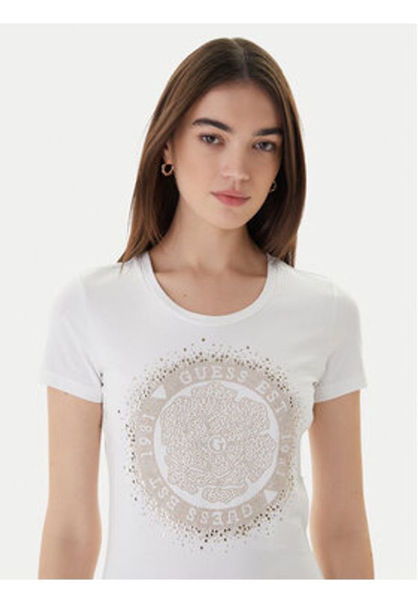 Guess T-Shirt Camelia W4RI47 J1314 Biały Slim Fit. Kolor: biały. Materiał: bawełna