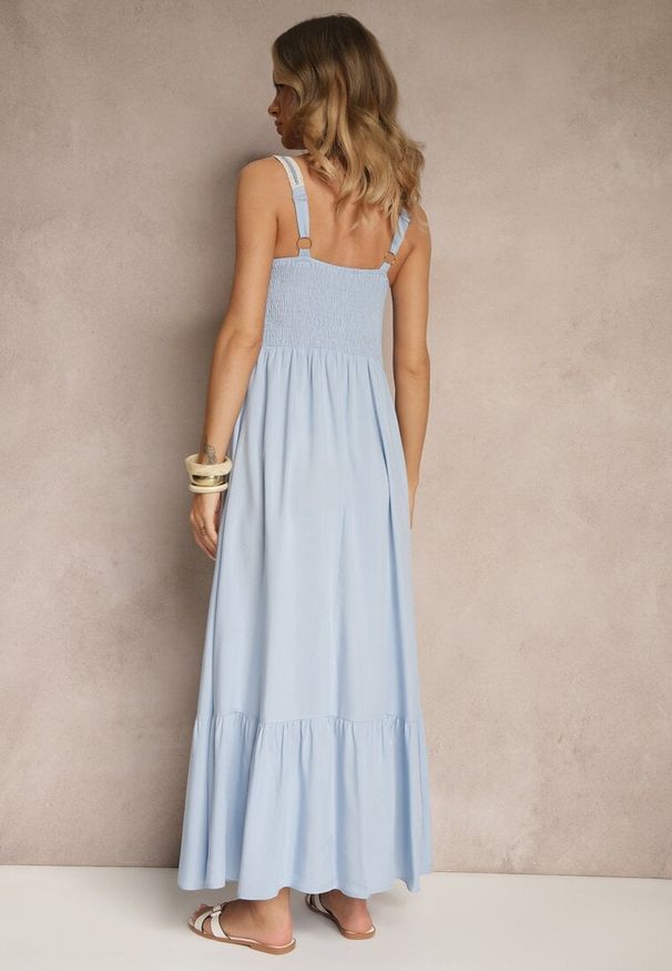 Renee - Niebieska Wiskozowa Sukienka z Haftami na Ramiączkach o Rozkloszowanym Kroju Efralisse. Okazja: na co dzień, na imprezę, na spacer. Kolor: niebieski. Materiał: wiskoza. Długość rękawa: na ramiączkach. Wzór: haft. Sezon: lato. Typ sukienki: proste, rozkloszowane. Styl: casual