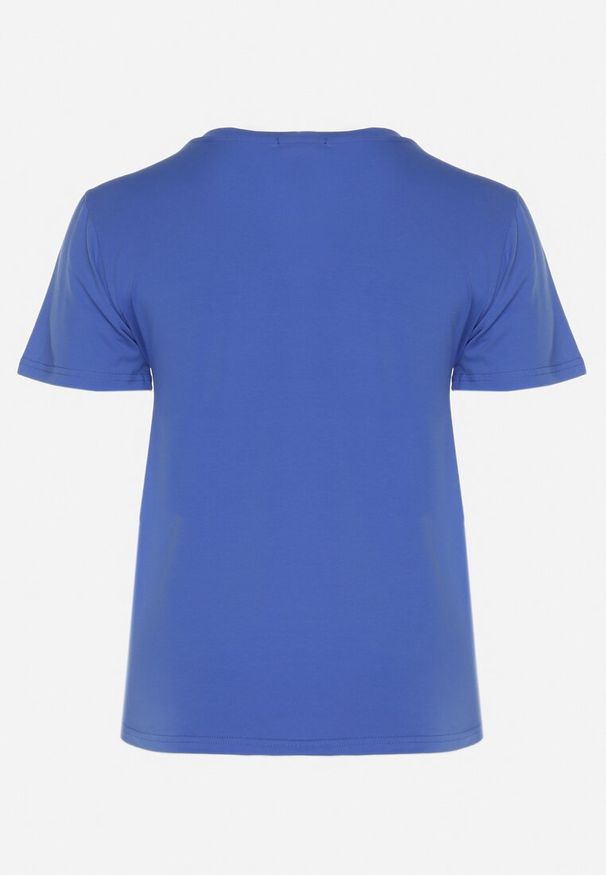 Born2be - Niebieski Bawełniany T-shirt z Ozdobnym Napisem Floerin. Okazja: na co dzień. Kolor: niebieski. Materiał: bawełna. Wzór: napisy. Styl: elegancki, casual