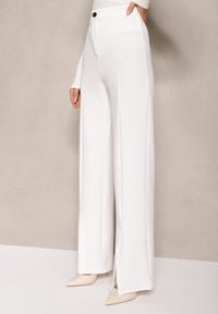 Renee - Białe Eleganckie Spodnie High Waist o Szerokim Kroju z Wiskozą i Rozcięciami Yurlea. Okazja: na spotkanie biznesowe, do pracy. Stan: podwyższony. Kolor: biały. Materiał: wiskoza. Styl: elegancki