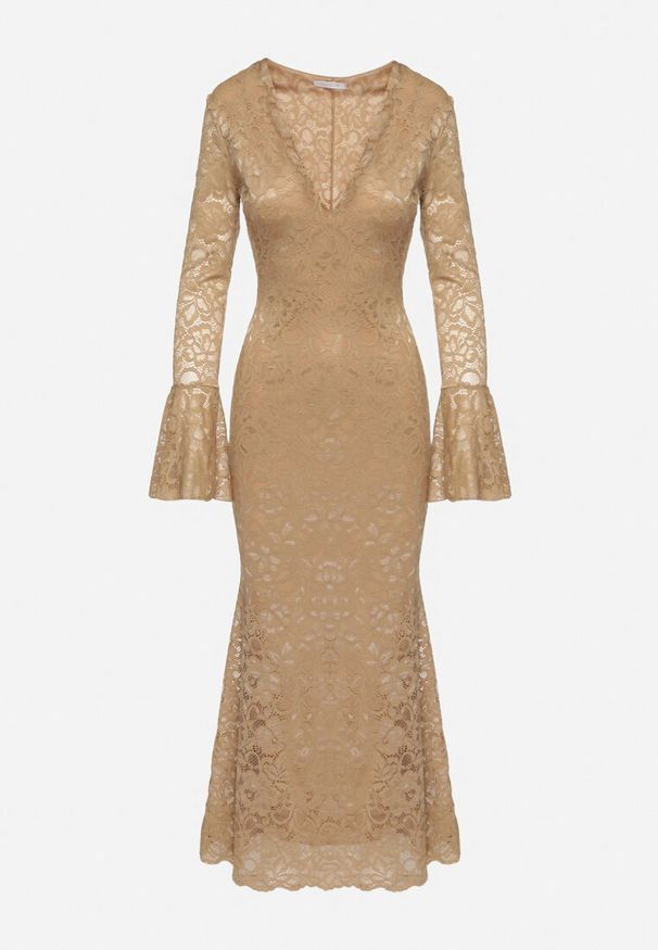 Born2be - Beżowa Koronkowa Sukienka o Dopasowanym Kroju z Szerokim Dołem Annadira. Kolor: beżowy. Materiał: koronka. Typ sukienki: proste