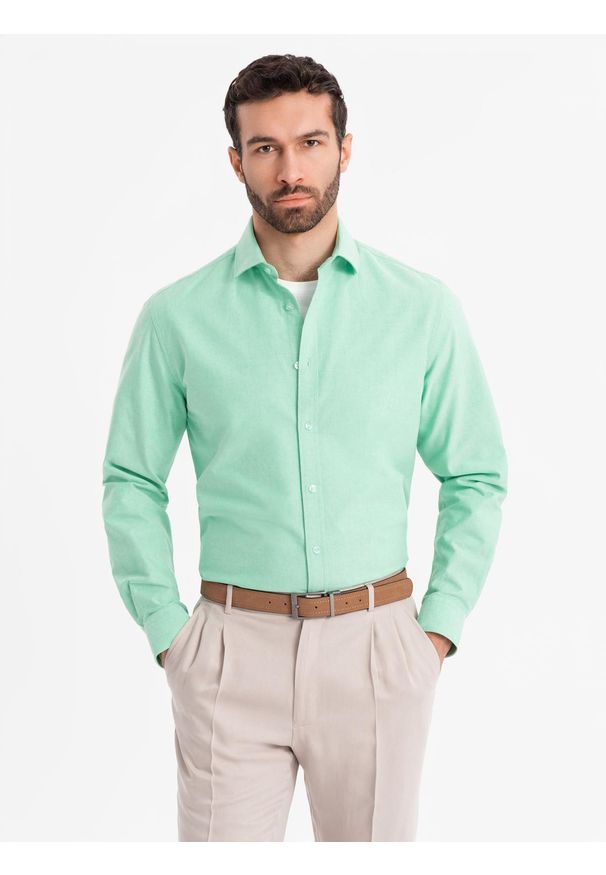 Ombre Clothing - Bawełniana pastelowa koszula męska typu oxford – miętowa V4 OM-SHOS-0183 - XXL. Kolor: miętowy. Materiał: bawełna. Wzór: ze splotem, aplikacja. Styl: klasyczny, elegancki