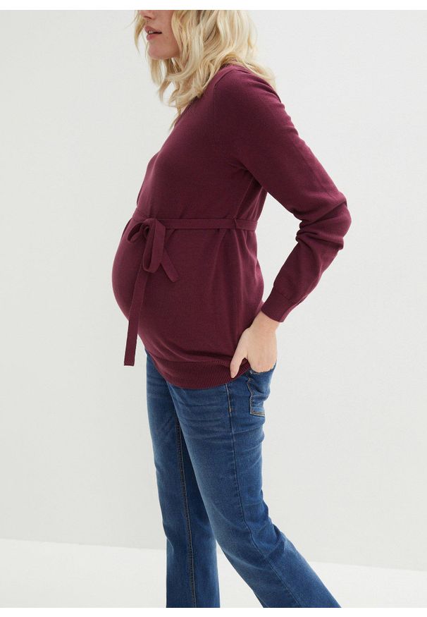 bonprix - Sweter ciążowy z 100% bawełny, z wiązanym paskiem. Kolekcja: moda ciążowa. Kolor: fioletowy. Materiał: bawełna