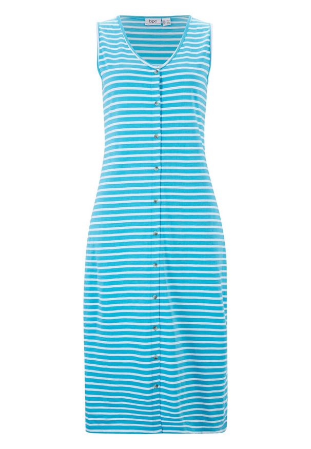 Sukienka midi z plisą guzikową bonprix niebieski karaibski - biały w paski. Typ kołnierza: dekolt w serek. Kolor: niebieski. Materiał: bawełna. Wzór: paski. Długość: midi