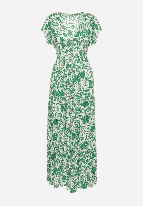 Born2be - Zielona Rozkloszowana Sukienka Maxi z Luźnym Rękawem w Kwiatowy Print Oxeria. Kolor: zielony. Wzór: nadruk, kwiaty. Sezon: lato. Typ sukienki: rozkloszowane. Długość: maxi