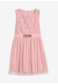 bonprix - Sukienka midi z delikatnej koronki i tiulu. Kolor: różowy. Materiał: koronka, tiul. Długość rękawa: bez rękawów. Wzór: koronka. Styl: elegancki. Długość: midi #1