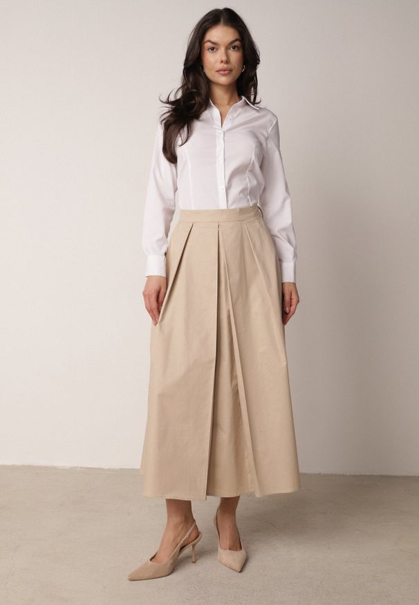 Born2be - Beżowa Rozkloszowana Spódnica z Bawełny z Szerokimi Plisami Malona. Okazja: na co dzień, do pracy. Kolor: beżowy. Materiał: bawełna. Styl: casual