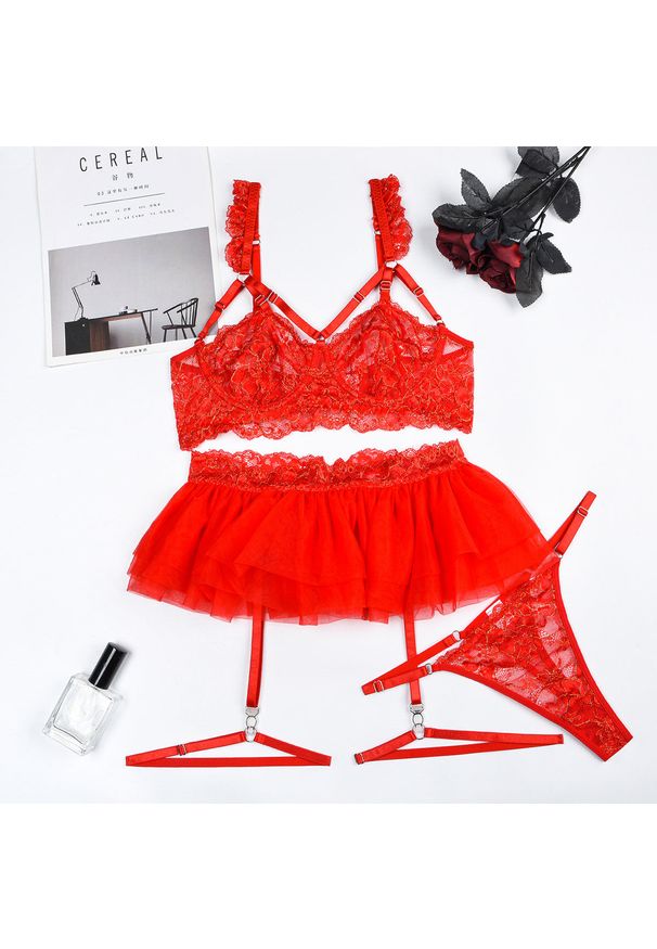 Intica - Komplet bielizny z falbanką i koronką dla kobiet Leontine. Kolor: czerwony. Materiał: koronka. Wzór: koronka