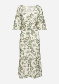 Born2be - Zielono-Biała Rozkloszowana Sukienka z Wiskozy Wykończona Bufiastymi Rękawami Maranea. Okazja: na co dzień. Typ kołnierza: dekolt w serek. Kolor: zielony. Materiał: wiskoza. Typ sukienki: w kształcie A, proste. Styl: casual, elegancki, klasyczny #4