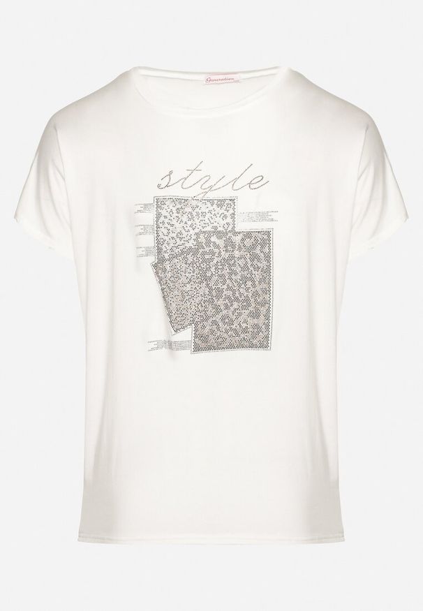 Born2be - Biały Bawełniany T-shirt z Ozdobnym Napisem i Cyrkoniami Krisiona. Okazja: na co dzień, na spotkanie biznesowe, do pracy. Kolor: biały. Materiał: bawełna. Wzór: napisy. Styl: klasyczny, biznesowy, casual