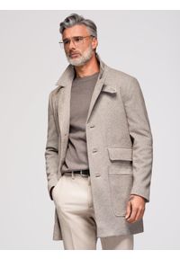Ombre Clothing - Jednorzędowy wzorzysty męski płaszcz z kieszeniami – popielaty V1 - Rozmiar: L. Typ kołnierza: kołnierz rewers. Kolor: szary. Materiał: tkanina, materiał, syntetyk, poliester. Wzór: ze splotem